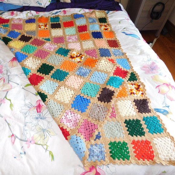 VTG Hand Crochet Knit Multi Colour Granny Square 48" x 58" Afghan Throw Blanket - Picture 1 of 8